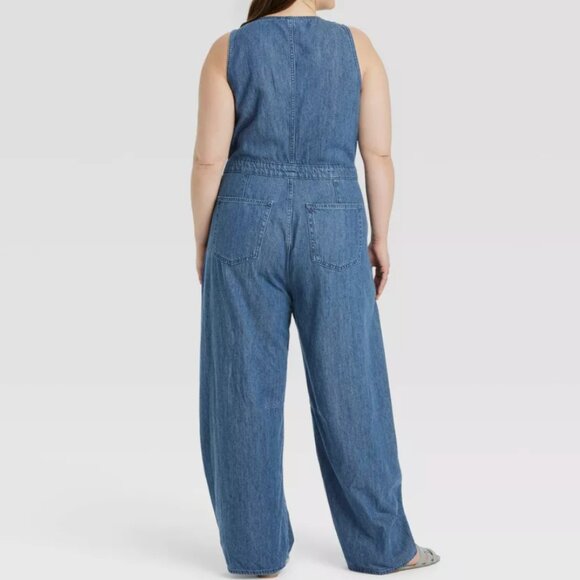 Universal Thread Curved Barrel Leg Jeans Denim Jumpsuit Overalls, Medium Wash 2 - Picture 10 of 11